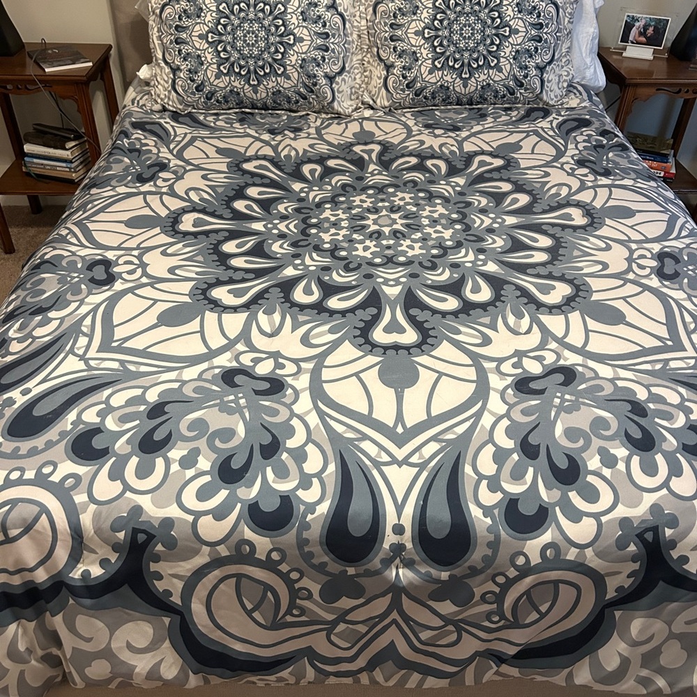 Gray, Cream & Navy Comforter with pillow shams